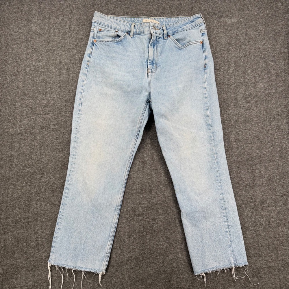 Topshop Straight Leg Jeans Light Wash Blue W34 Raw Hem High Rise Denim Crop